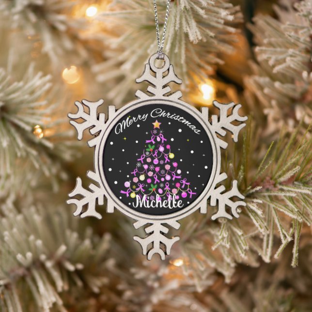 Beautiful Pink Ribbon Christmas Tree Snowflake Pewter Christmas Ornament (Tree)