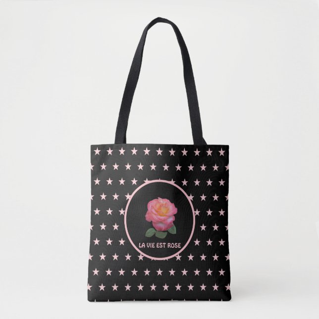 Beautiful Pink Rose and Pink Stars Tote Bag (Front)