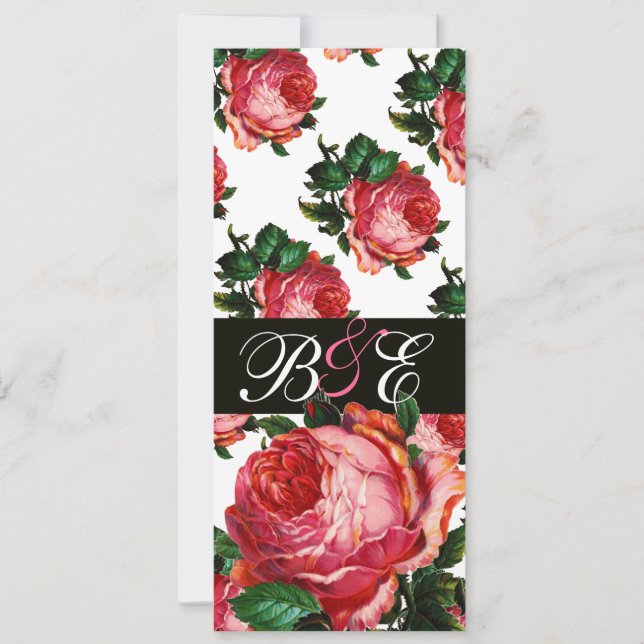 BEAUTIFUL PINK ROSE AQUA BLUE TEAL FLORAL MONOGRAM INVITATION (Front)