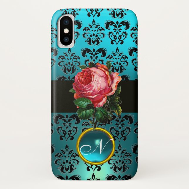 BEAUTIFUL PINK ROSE BLUE BLACK DAMASK GEM MONOGRAM Case-Mate iPhone CASE (Back)