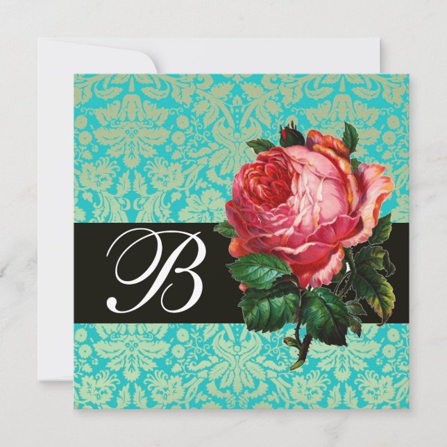 BEAUTIFUL PINK ROSE  BLUE BLACK DAMASK MONOGRAM INVITATION (Front)