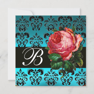 BEAUTIFUL PINK ROSE BLUE BLACK DAMASK MONOGRAM INVITATION