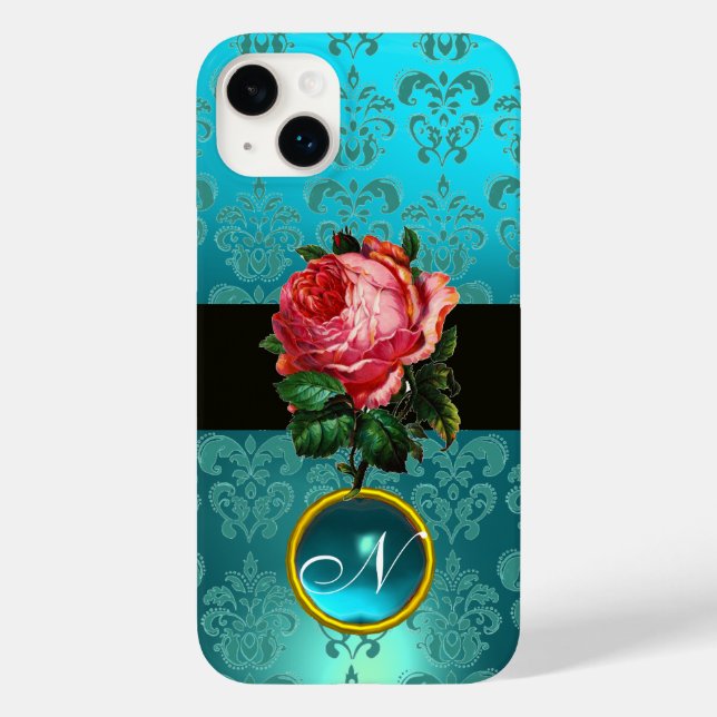 BEAUTIFUL PINK ROSE BLUE TEAL DAMASK GEM MONOGRAM Case-Mate iPhone CASE (Back)