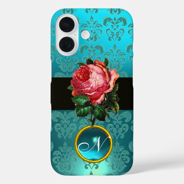 BEAUTIFUL PINK ROSE BLUE TEAL DAMASK GEM MONOGRAM Case-Mate iPhone CASE (Back)