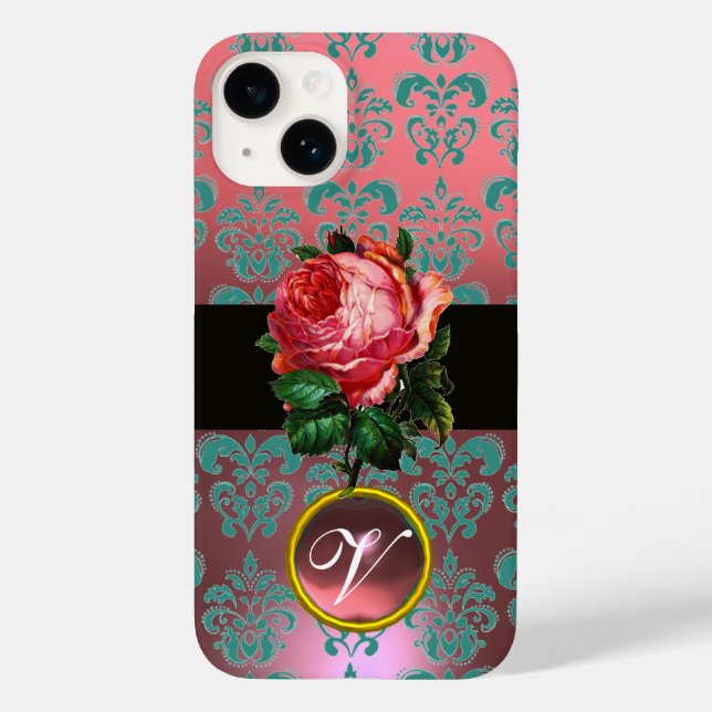 BEAUTIFUL PINK ROSE BLUE TEAL DAMASK GEM MONOGRAM Case-Mate iPhone CASE (Back)