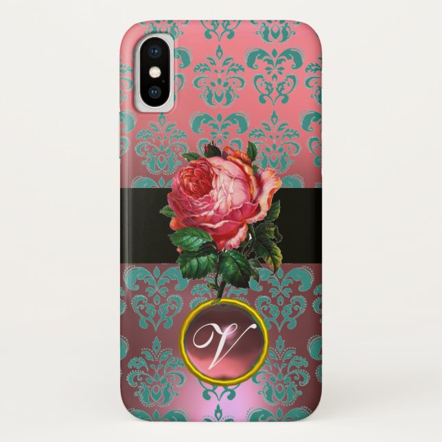BEAUTIFUL PINK ROSE BLUE TEAL DAMASK GEM MONOGRAM Case-Mate iPhone CASE (Back)