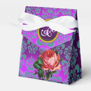 BEAUTIFUL PINK ROSE DAMASK PURPLE GEM MONOGRAM FAVOR BOX