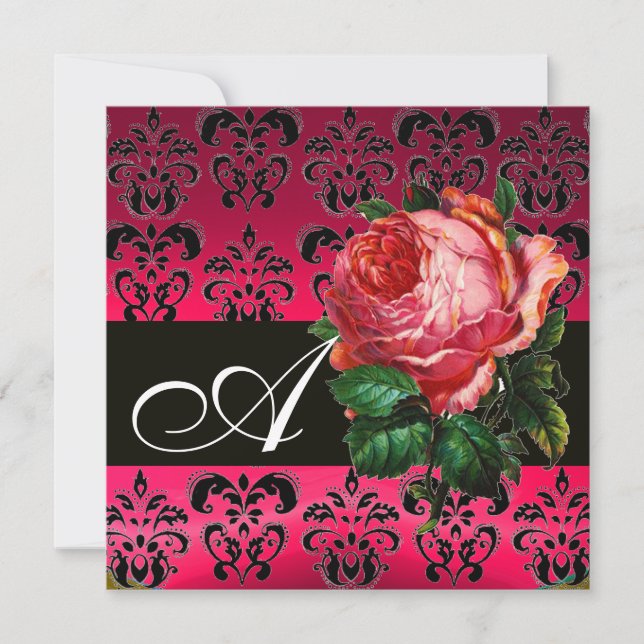 BEAUTIFUL PINK ROSE FUCHSIA BLACK DAMASK MONOGRAM INVITATION (Front)