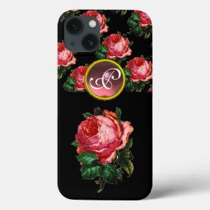 BEAUTIFUL PINK ROSE GEMSTONE MONOGRAM, Black iPhone 13 Case