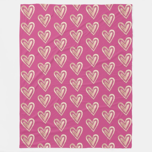 Beautiful Pink & Rose Gold Hearts Fleece Blanket (Front)