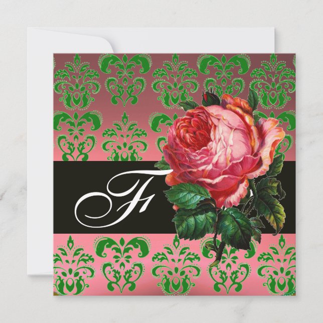 BEAUTIFUL PINK ROSE GREEN BLACK DAMASK MONOGRAM INVITATION (Front)