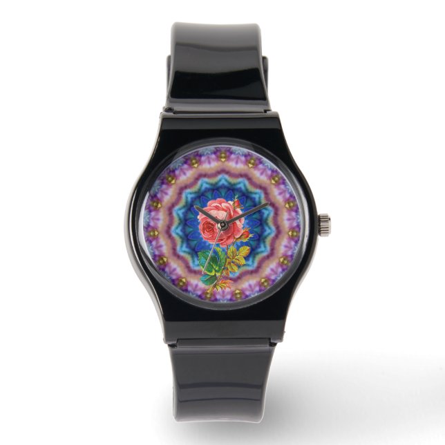 BEAUTIFUL PINK ROSE IN PSYCHEDELIC CIRCLES WATCH (Front)