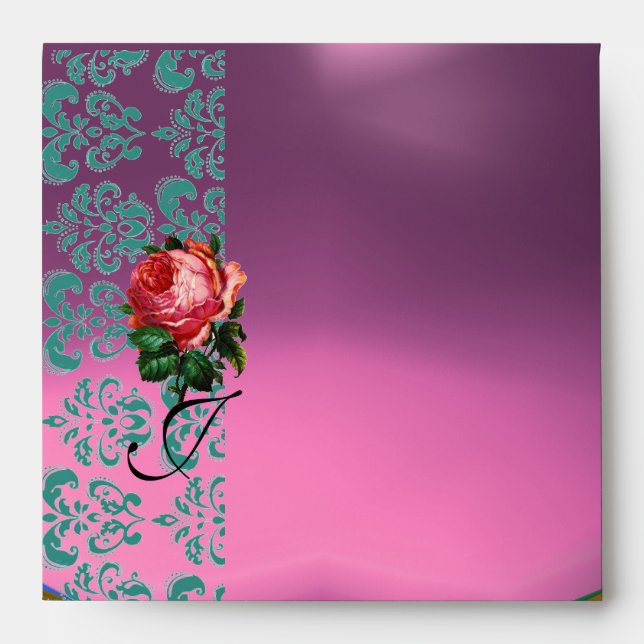 BEAUTIFUL PINK ROSE LILAC AQUA BLUE TEAL DAMASK ENVELOPE (Front)