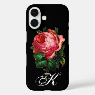 BEAUTIFUL PINK ROSE MONOGRAM,Black iPhone 16 Case