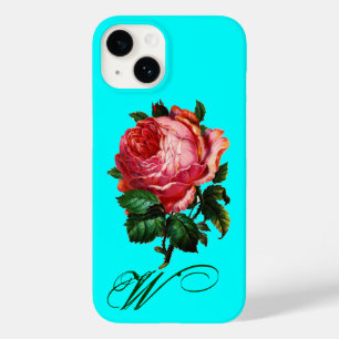 BEAUTIFUL PINK ROSE MONOGRAM,Teal Aqua Blue Case-Mate iPhone 14 Case