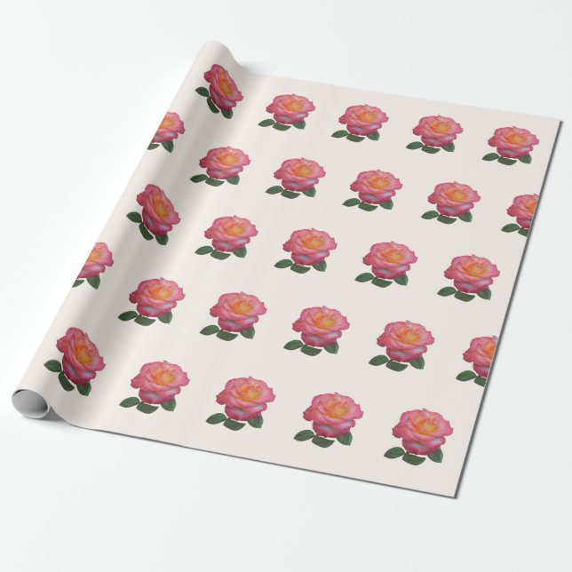 Beautiful Pink Rose Pattern on Light Coral Wrapping Paper (Unrolled)