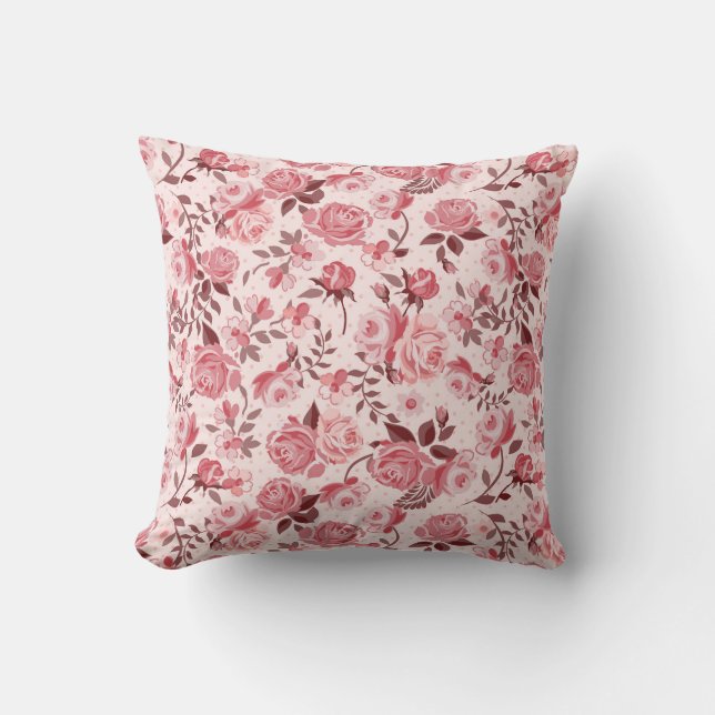 Beautiful Pink Rose Patterned Throw Pillow (Front)
