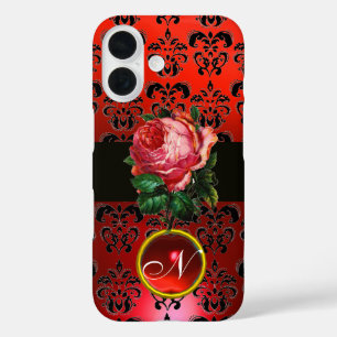BEAUTIFUL PINK ROSE RED BLACK DAMASK RUBY MONOGRAM iPhone 16 CASE