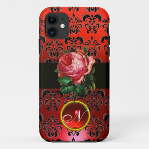 BEAUTIFUL PINK ROSE RED BLACK DAMASK RUBY MONOGRAM iPhone 11 CASE