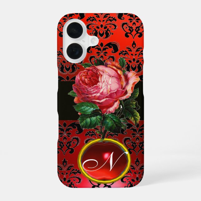 BEAUTIFUL PINK ROSE RED BLACK DAMASK RUBY MONOGRAM iPhone 16 CASE (Back)