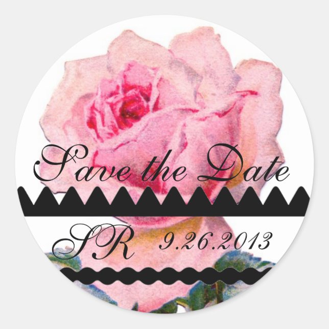 BEAUTIFUL PINK ROSE Save The Date Monogram Classic Round Sticker (Front)