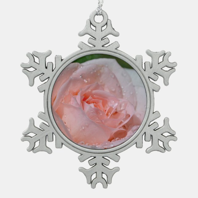 Beautiful pink rose snowflake pewter christmas ornament (Front)