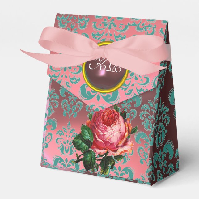 BEAUTIFUL PINK ROSE,TEAL BLUE DAMASK GEM  MONOGRAM FAVOR BOX (Front Side)