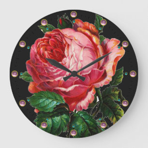 BEAUTIFUL PINK ROSE WITH GEMSTONES LARGE CLOCK