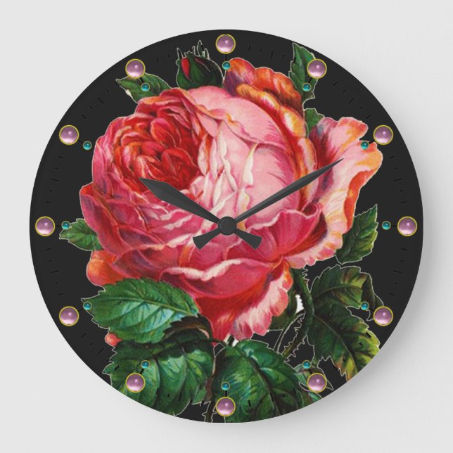 BEAUTIFUL PINK ROSE WITH GEMSTONES LARGE CLOCK (Front)