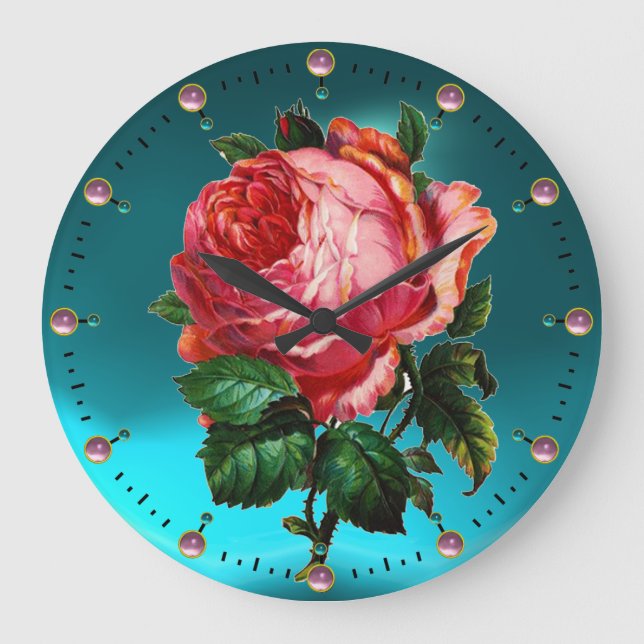 BEAUTIFUL PINK ROSE WITH GEMSTONES LARGE CLOCK (Front)