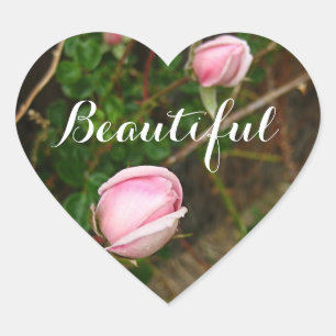 "Beautiful" Pink Rosebuds Heart Sticker