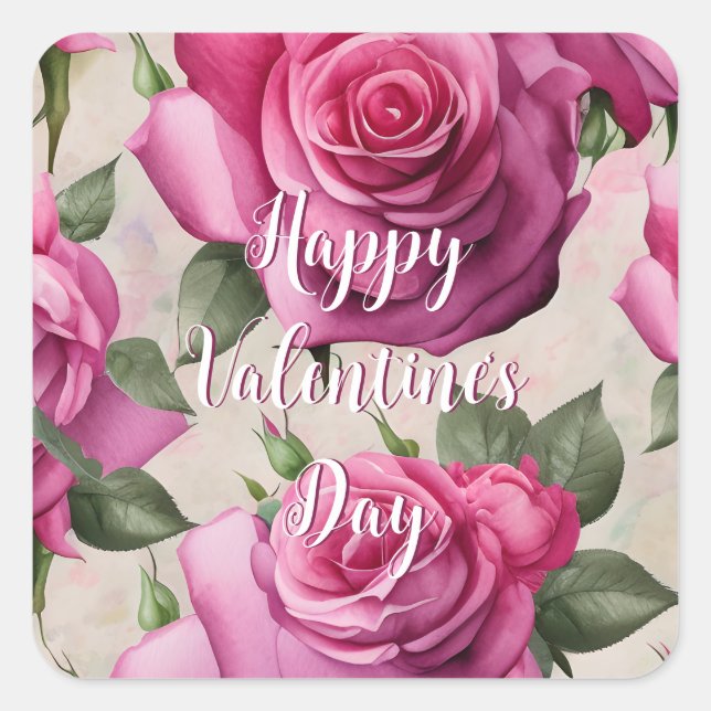 Beautiful Pink Roses Love Floral Valentine's Day Square Sticker (Front)