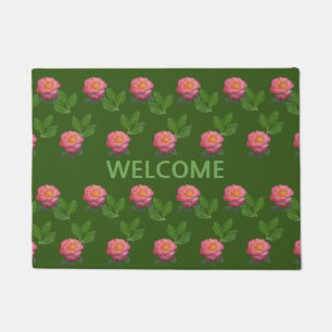 Beautiful Pink Roses on Forest Green Doormat