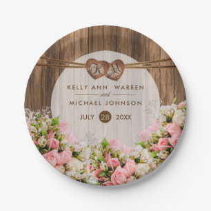 Beautiful Pink Roses on Wood Paper Plate