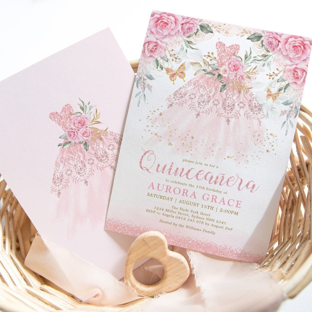 Beautiful Pink Roses Princess Dress Quinceañera Invitation (Creator Uploaded)