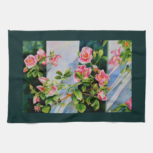 Beautiful pink roses, red roses, watercolor floral kitchen towel (Horizontal)