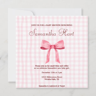 Beautiful Pink SimpleGingham Pink Bow Baby Shower Invitation