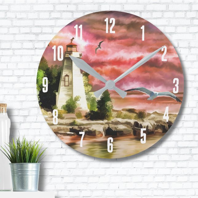 Beautiful Pink Sunset Nautical Lighthouse Coastal Round Clock (Beautiful Pink Sunset Nautical Lighthouse Coastal Round Clock)