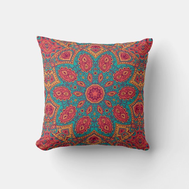 Beautiful Pink Teal Orange Zen Pattern Throw Pillow (Front)