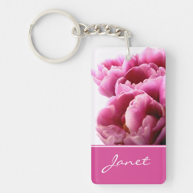 Beautiful Pink Tulip Personalized Key Chain (Front)