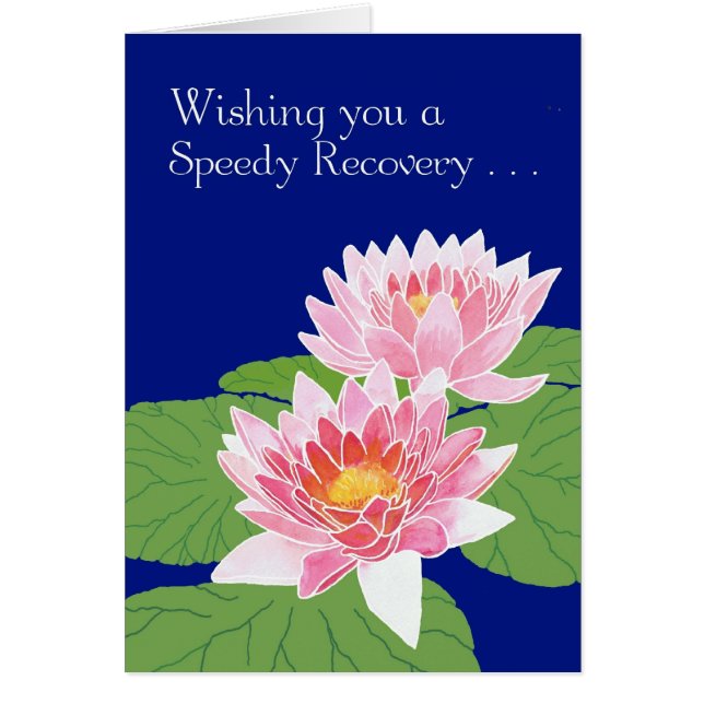 Beautiful Pink Water Lilies on Blue Get Well (Front)