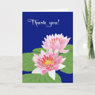 Beautiful Pink Water Lilies on Blue Thank You Card
