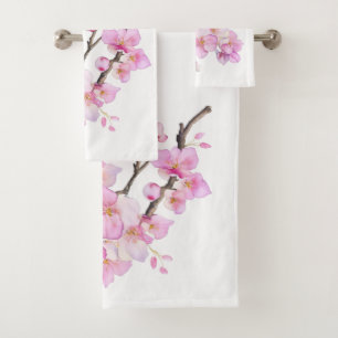 Beautiful pink watercolor cherry blossoms  bath towel set