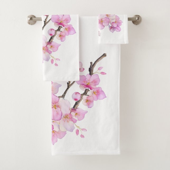 Beautiful pink watercolor cherry blossoms  bath towel set (Insitu)