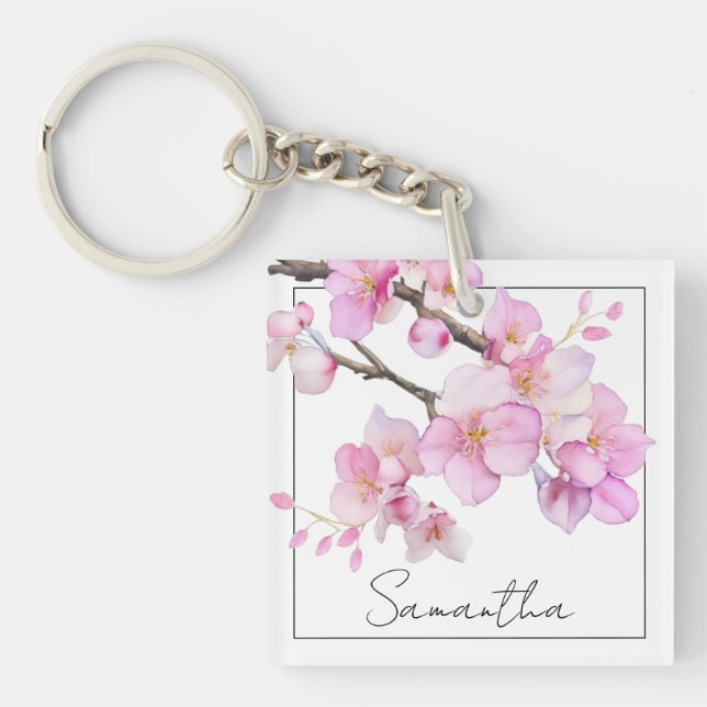 Beautiful pink watercolor cherry blossoms  keychain (Front)