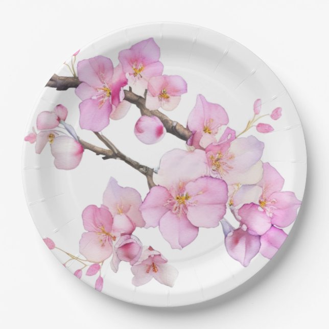 Beautiful pink watercolor cherry blossoms  paper plate (Front)