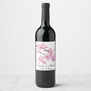 Beautiful pink watercolor cherry blossoms script wine label
