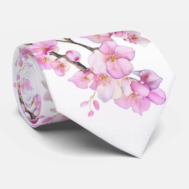 Beautiful pink watercolor cherry blossoms  tie (Rolled)