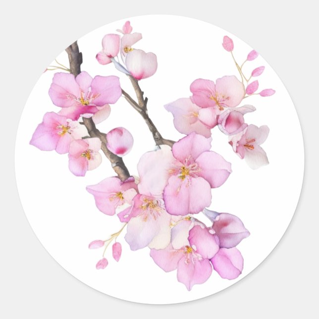 Beautiful pink watercolor cherry Sakura blossoms  Classic Round Sticker (Front)