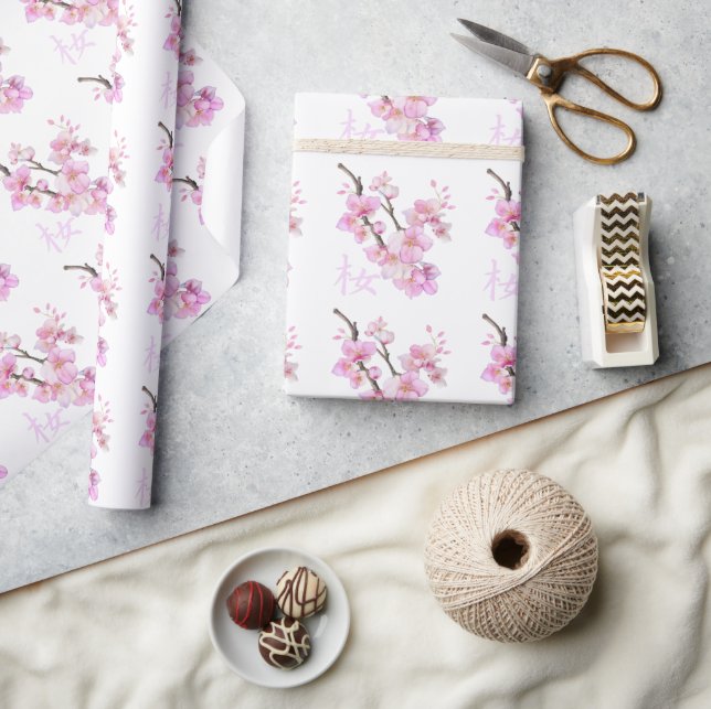 Beautiful pink watercolor cherry Sakura blossoms  Wrapping Paper (Crafts)